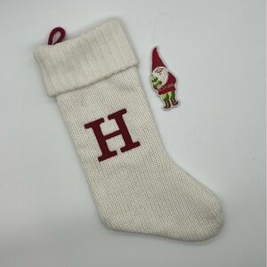 Cream Knit Stocking with Red Initial H & Gnome Ornaments | EUC